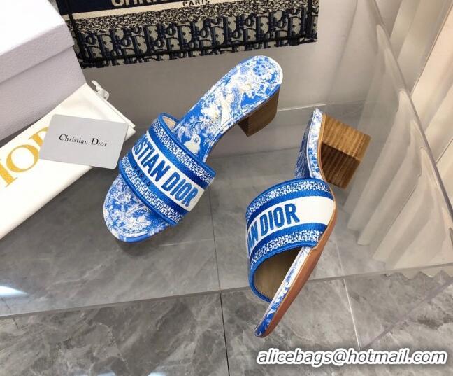 Fashion Dior Dway Heel Slide Sandals 4cm in Bright Blue Toile de Jouy Embroidered Cotton 080932