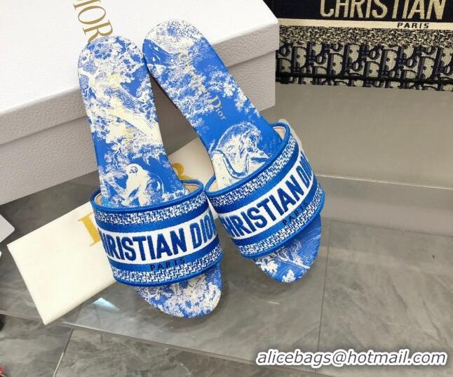 Best Grade Dior Dway Flat Slide Sandals in Bright Blue Toile de Jouy Embroidered Cotton 080933