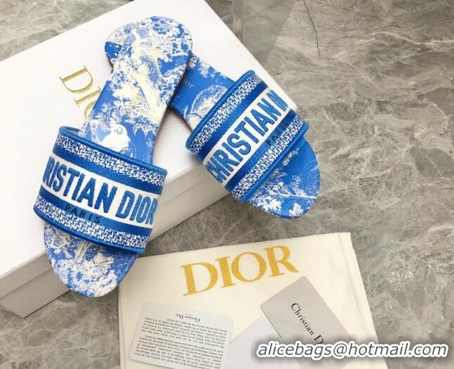 Best Grade Dior Dway Flat Slide Sandals in Bright Blue Toile de Jouy Embroidered Cotton 080933