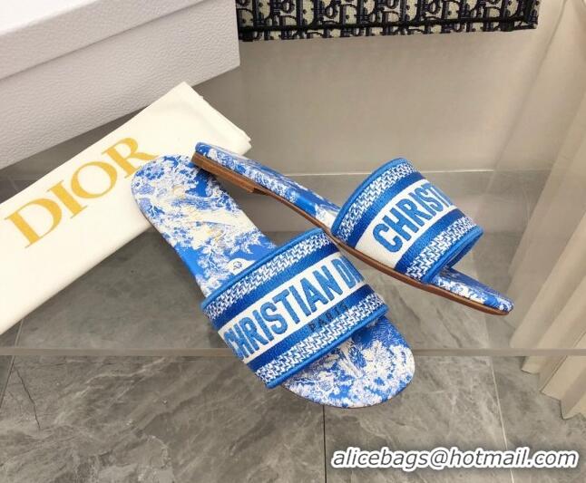 Best Grade Dior Dway Flat Slide Sandals in Bright Blue Toile de Jouy Embroidered Cotton 080933