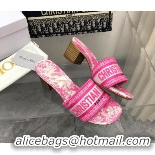 Luxury Dior Dway Heel Slide Sandals 4cm in Bright Pink Toile de Jouy Embroidered Cotton 080935