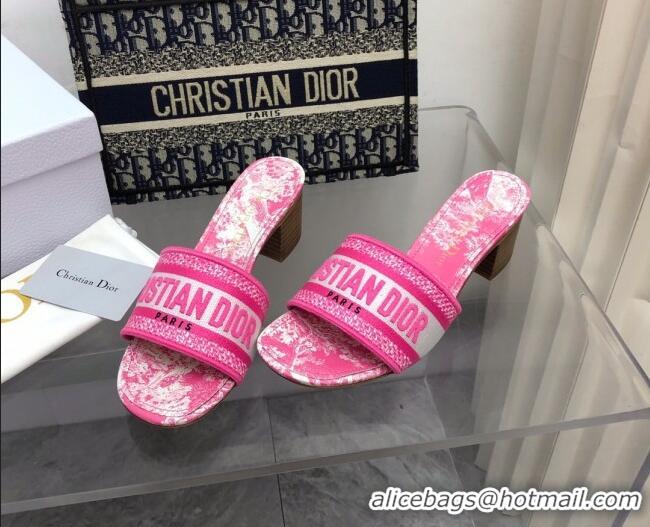 Luxury Dior Dway Heel Slide Sandals 4cm in Bright Pink Toile de Jouy Embroidered Cotton 080935