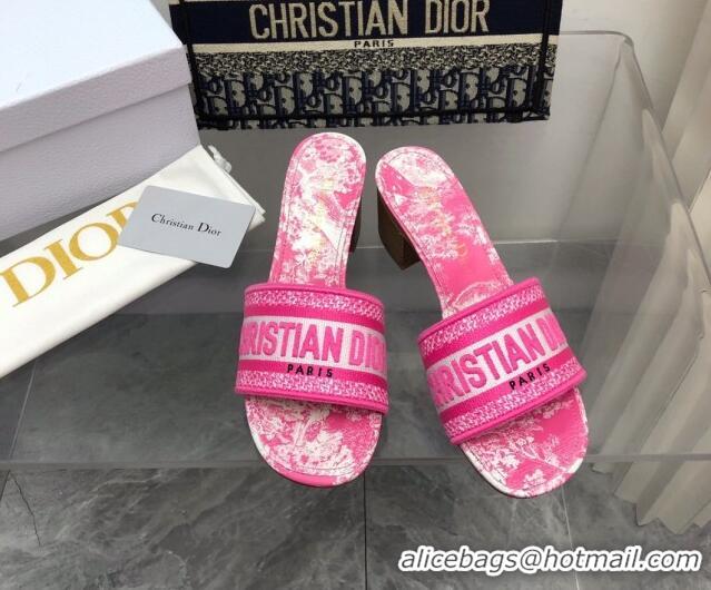 Luxury Dior Dway Heel Slide Sandals 4cm in Bright Pink Toile de Jouy Embroidered Cotton 080935