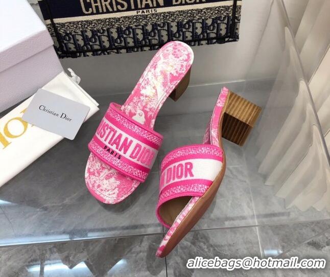 Luxury Dior Dway Heel Slide Sandals 4cm in Bright Pink Toile de Jouy Embroidered Cotton 080935