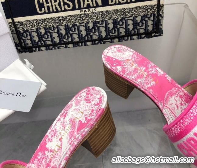 Luxury Dior Dway Heel Slide Sandals 4cm in Bright Pink Toile de Jouy Embroidered Cotton 080935