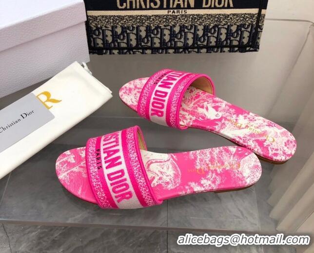 Luxurious Dior Dway Flat Slide Sandals in Bright Pink Toile de Jouy Embroidered Cotton 080936