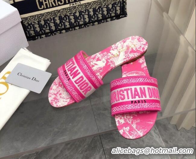 Luxurious Dior Dway Flat Slide Sandals in Bright Pink Toile de Jouy Embroidered Cotton 080936