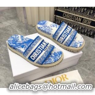 Original Cheap Dior Dway Platform Slide Sandals in Bright Blue Toile de Jouy Embroidered Cotton 080938