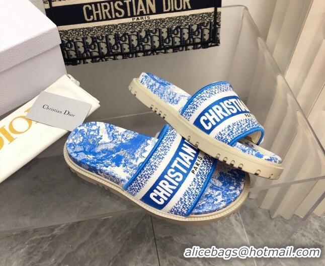 Original Cheap Dior Dway Platform Slide Sandals in Bright Blue Toile de Jouy Embroidered Cotton 080938