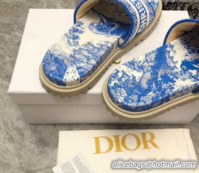 Original Cheap Dior Dway Platform Slide Sandals in Bright Blue Toile de Jouy Embroidered Cotton 080938