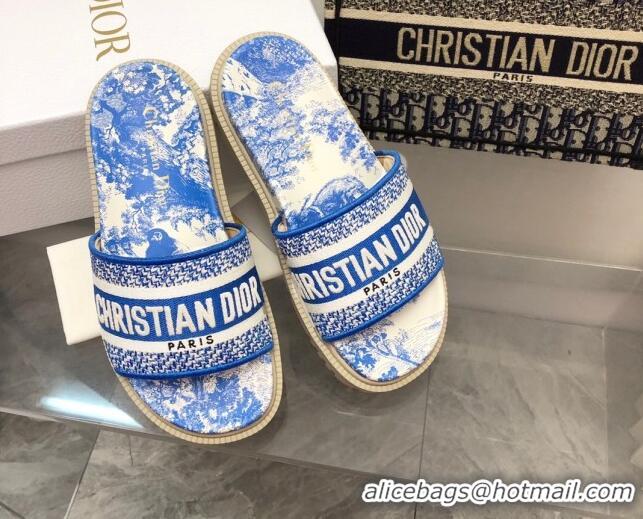 Original Cheap Dior Dway Platform Slide Sandals in Bright Blue Toile de Jouy Embroidered Cotton 080938