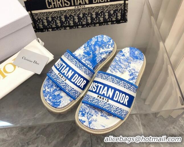 Original Cheap Dior Dway Platform Slide Sandals in Bright Blue Toile de Jouy Embroidered Cotton 080938