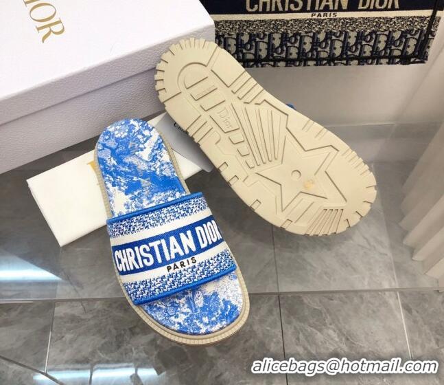 Original Cheap Dior Dway Platform Slide Sandals in Bright Blue Toile de Jouy Embroidered Cotton 080938