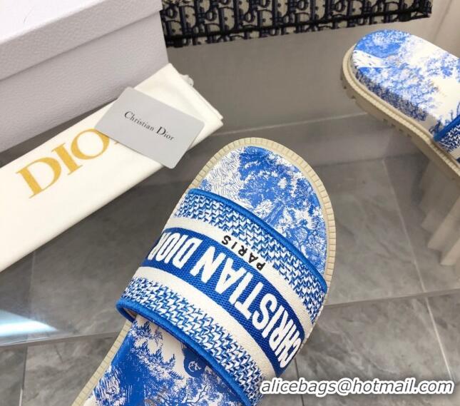 Original Cheap Dior Dway Platform Slide Sandals in Bright Blue Toile de Jouy Embroidered Cotton 080938