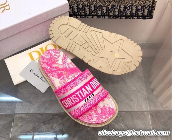 Luxury Discount Dior Dway Platform Slide Sandals in Bright Pink Toile de Jouy Embroidered Cotton 080939