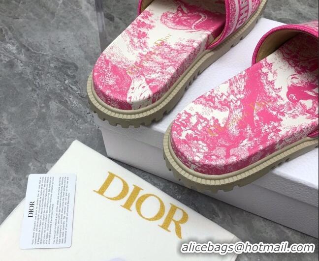 Luxury Discount Dior Dway Platform Slide Sandals in Bright Pink Toile de Jouy Embroidered Cotton 080939