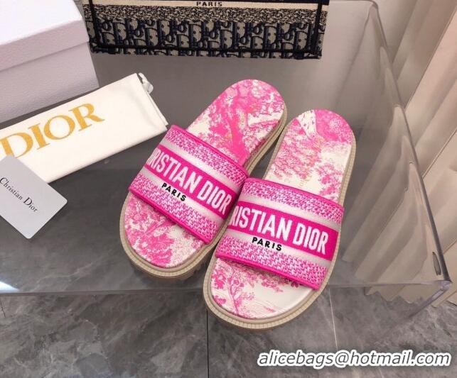 Luxury Discount Dior Dway Platform Slide Sandals in Bright Pink Toile de Jouy Embroidered Cotton 080939