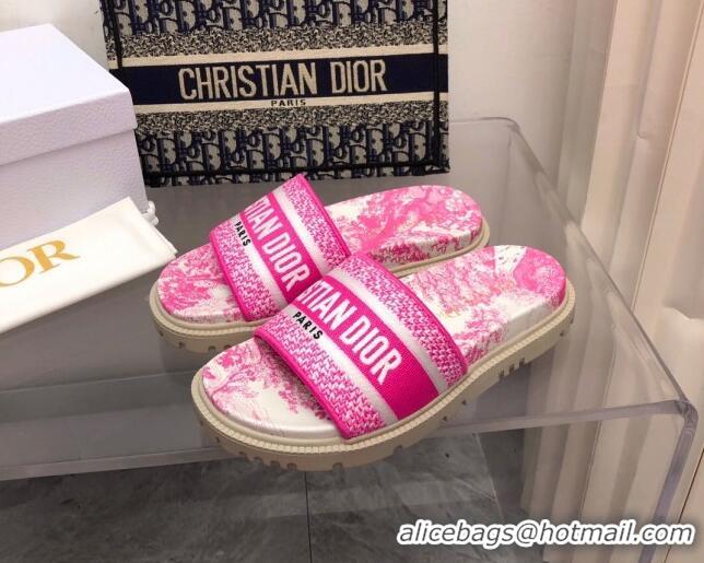 Luxury Discount Dior Dway Platform Slide Sandals in Bright Pink Toile de Jouy Embroidered Cotton 080939