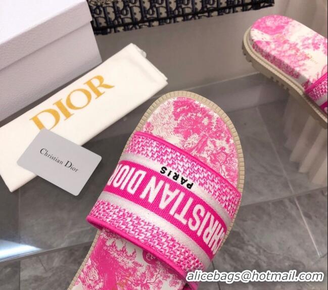 Luxury Discount Dior Dway Platform Slide Sandals in Bright Pink Toile de Jouy Embroidered Cotton 080939