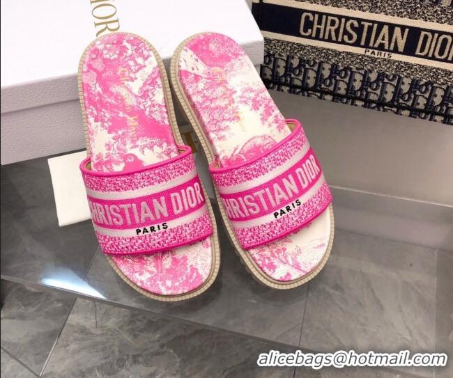 Luxury Discount Dior Dway Platform Slide Sandals in Bright Pink Toile de Jouy Embroidered Cotton 080939