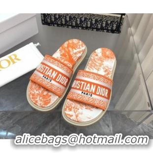 Luxury Dior Dway Platform Slide Sandals in Bright Orange Toile de Jouy Embroidered Cotton 080940