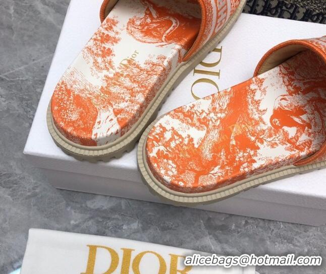 Luxury Dior Dway Platform Slide Sandals in Bright Orange Toile de Jouy Embroidered Cotton 080940