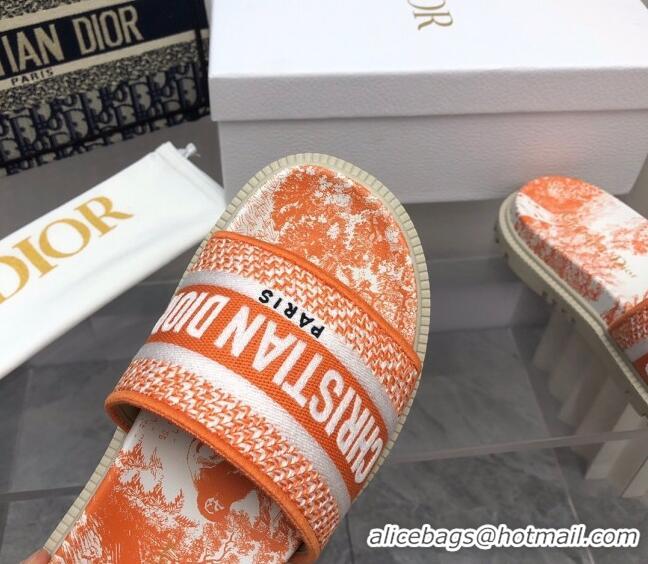 Luxury Dior Dway Platform Slide Sandals in Bright Orange Toile de Jouy Embroidered Cotton 080940