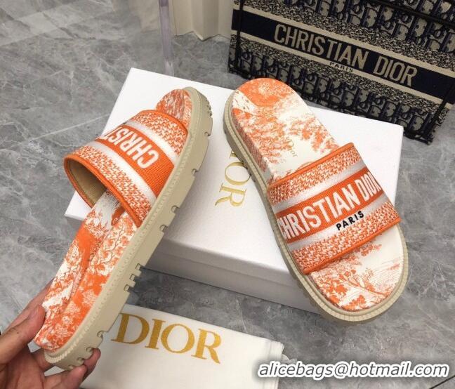 Luxury Dior Dway Platform Slide Sandals in Bright Orange Toile de Jouy Embroidered Cotton 080940