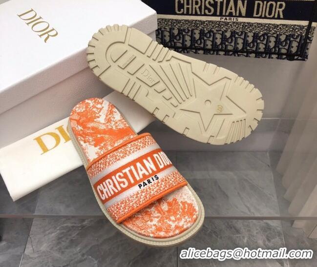 Luxury Dior Dway Platform Slide Sandals in Bright Orange Toile de Jouy Embroidered Cotton 080940