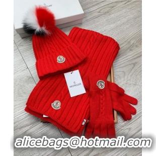 Fashion Discount Moncler Scarf, Hat and Gloves Three-piece Suit M3053 Red 2021