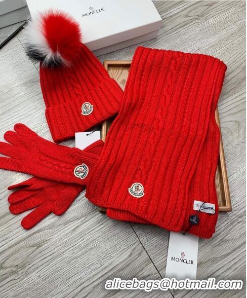 Fashion Discount Moncler Scarf, Hat and Gloves Three-piece Suit M3053 Red 2021