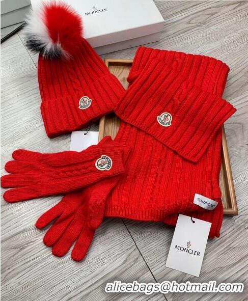 Fashion Discount Moncler Scarf, Hat and Gloves Three-piece Suit M3053 Red 2021