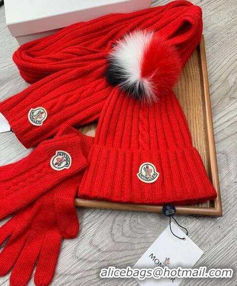 Fashion Discount Moncler Scarf, Hat and Gloves Three-piece Suit M3053 Red 2021