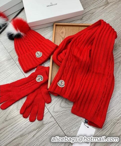 Fashion Discount Moncler Scarf, Hat and Gloves Three-piece Suit M3053 Red 2021