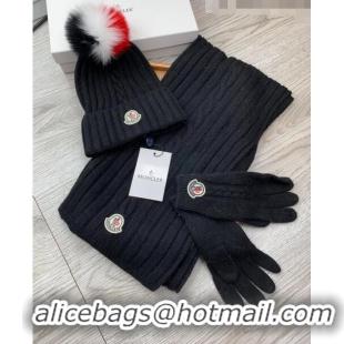 Buy Classic Moncler Scarf, Hat and Gloves Three-piece Suit M3053 Black 2021