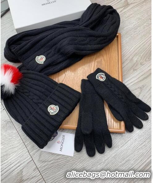 Buy Classic Moncler Scarf, Hat and Gloves Three-piece Suit M3053 Black 2021