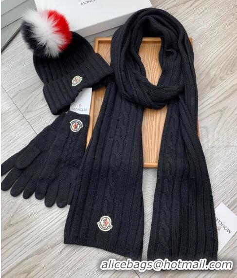 Buy Classic Moncler Scarf, Hat and Gloves Three-piece Suit M3053 Black 2021