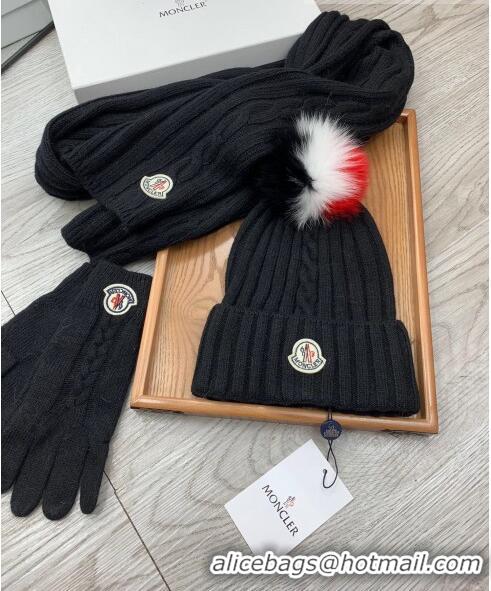 Buy Classic Moncler Scarf, Hat and Gloves Three-piece Suit M3053 Black 2021