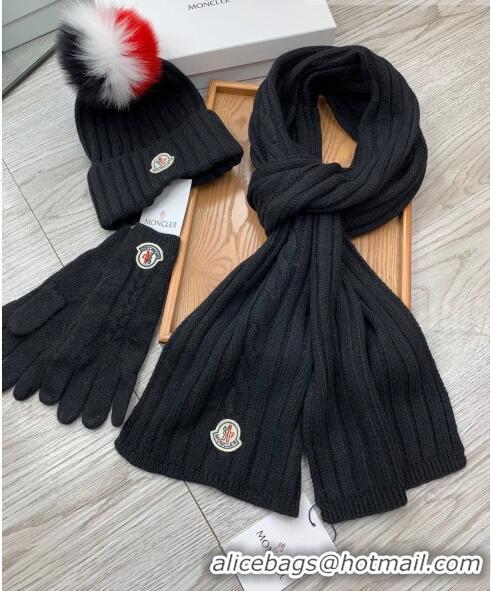 Buy Classic Moncler Scarf, Hat and Gloves Three-piece Suit M3053 Black 2021