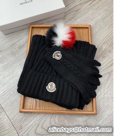 Buy Classic Moncler Scarf, Hat and Gloves Three-piece Suit M3053 Black 2021