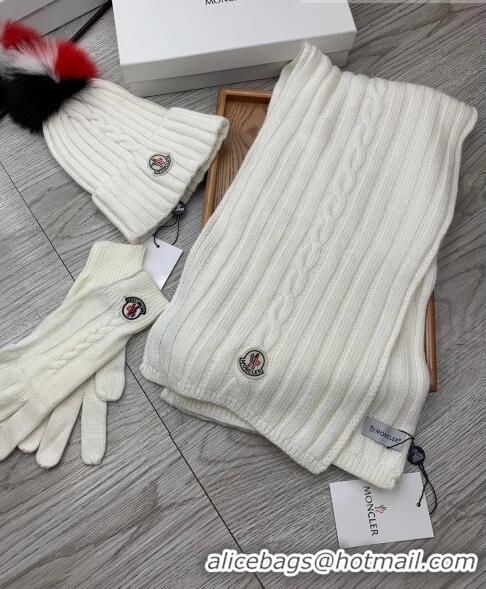 Top Quality Moncler Scarf, Hat and Gloves Three-piece Suit M3053 White 2021