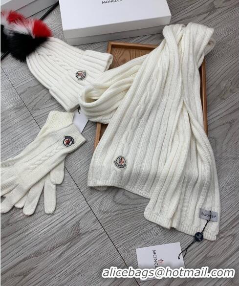 Top Quality Moncler Scarf, Hat and Gloves Three-piece Suit M3053 White 2021