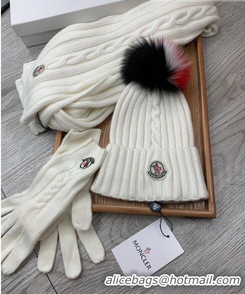 Top Quality Moncler Scarf, Hat and Gloves Three-piece Suit M3053 White 2021