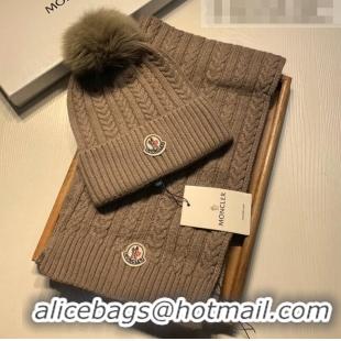 Fashion Bulk Moncler Wool Knit Hat and Scarf Set 092373 Khaki 2022