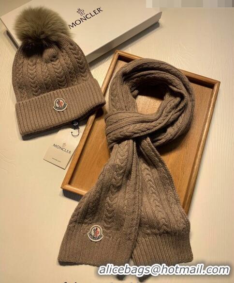 Fashion Bulk Moncler Wool Knit Hat and Scarf Set 092373 Khaki 2022