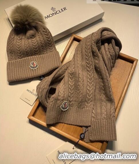 Fashion Bulk Moncler Wool Knit Hat and Scarf Set 092373 Khaki 2022