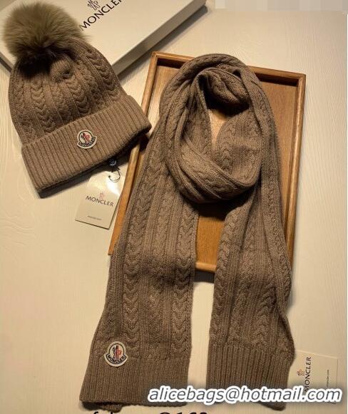 Fashion Bulk Moncler Wool Knit Hat and Scarf Set 092373 Khaki 2022