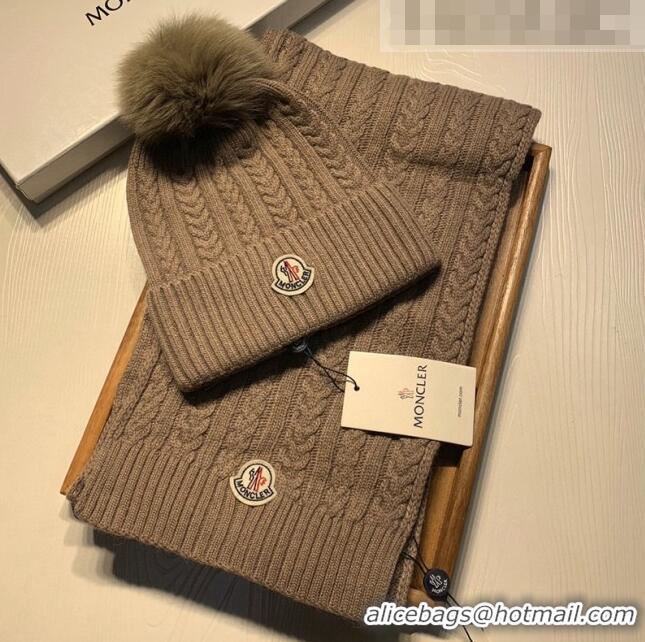 Fashion Bulk Moncler Wool Knit Hat and Scarf Set 092373 Khaki 2022