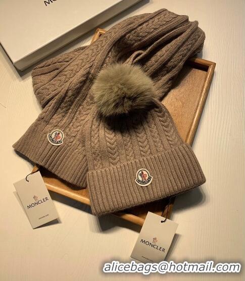 Fashion Bulk Moncler Wool Knit Hat and Scarf Set 092373 Khaki 2022