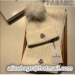 Buy Luxury Moncler Wool Knit Hat and Scarf Set 092373 White 2022